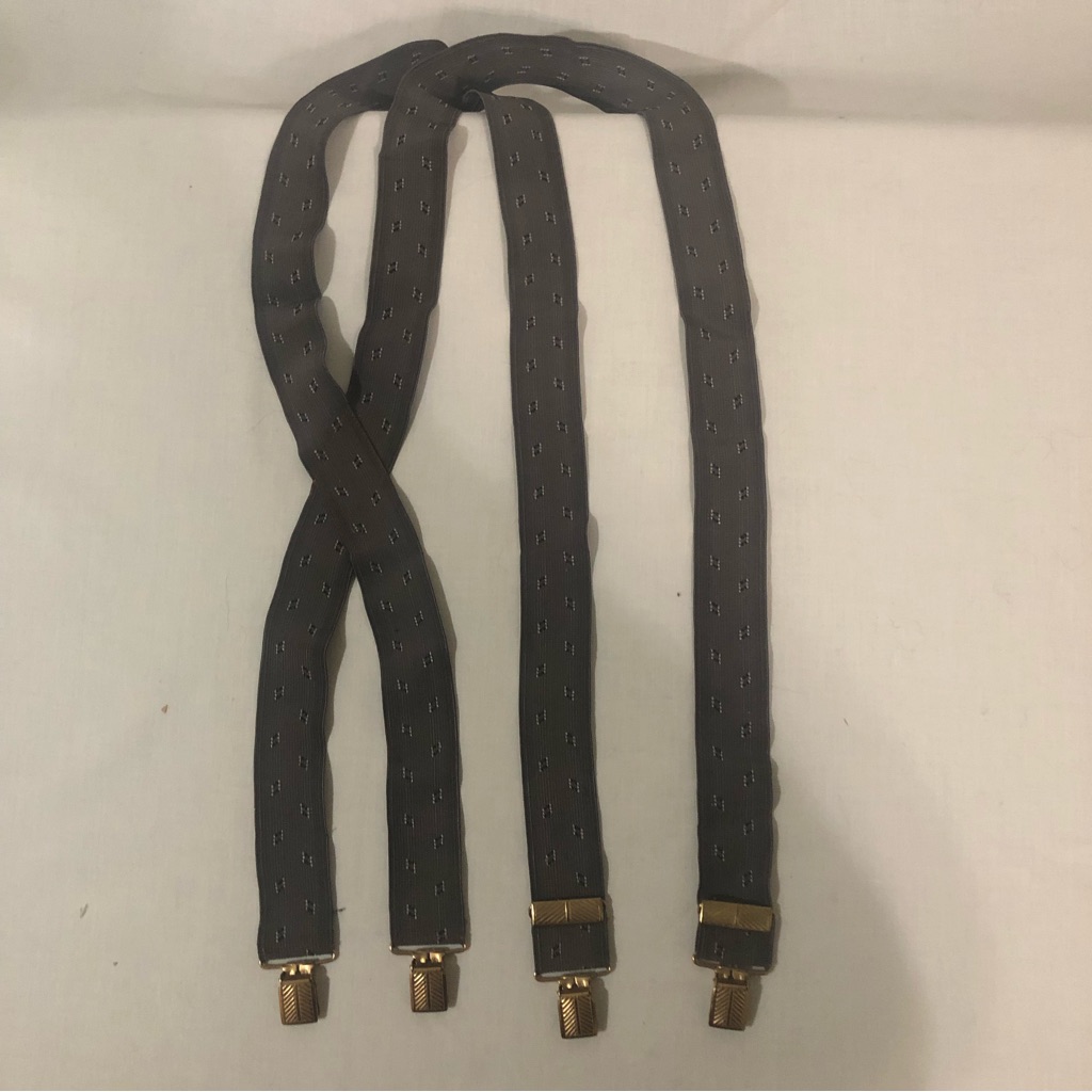 Vintage Suspenders 39” Long Preowned Dark Gray With Small Stripe Clip On